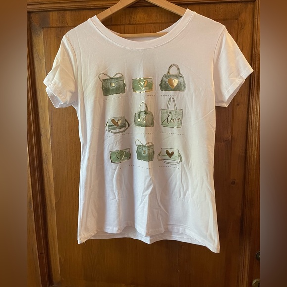 Tops - Brand New White Cotton T shirt with Bags Print